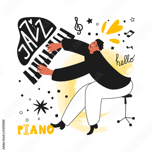 A jazz pianist performs a musical melody. Jazz piano. Vector illustration of a musician in a tuxedo