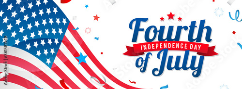 4th of July Banner Vector illustration. USA flag waving with ribbon confetti on white background