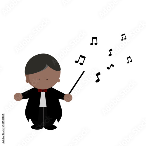 Music orchestra conductor in tuxedo suit with baton and music notes icon vector illustration.