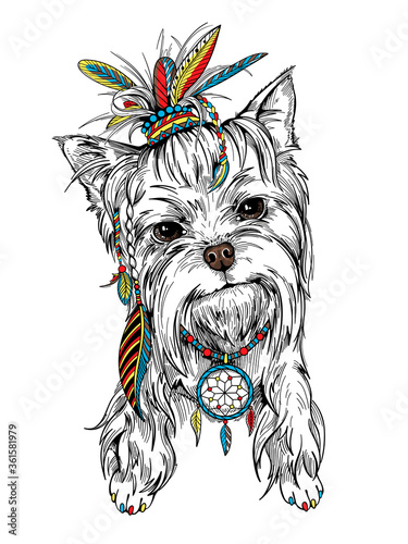 Cute yorkshire terrier with accessories in ethnic style. Boho style dog sketch. Stylish image for printing on any surface