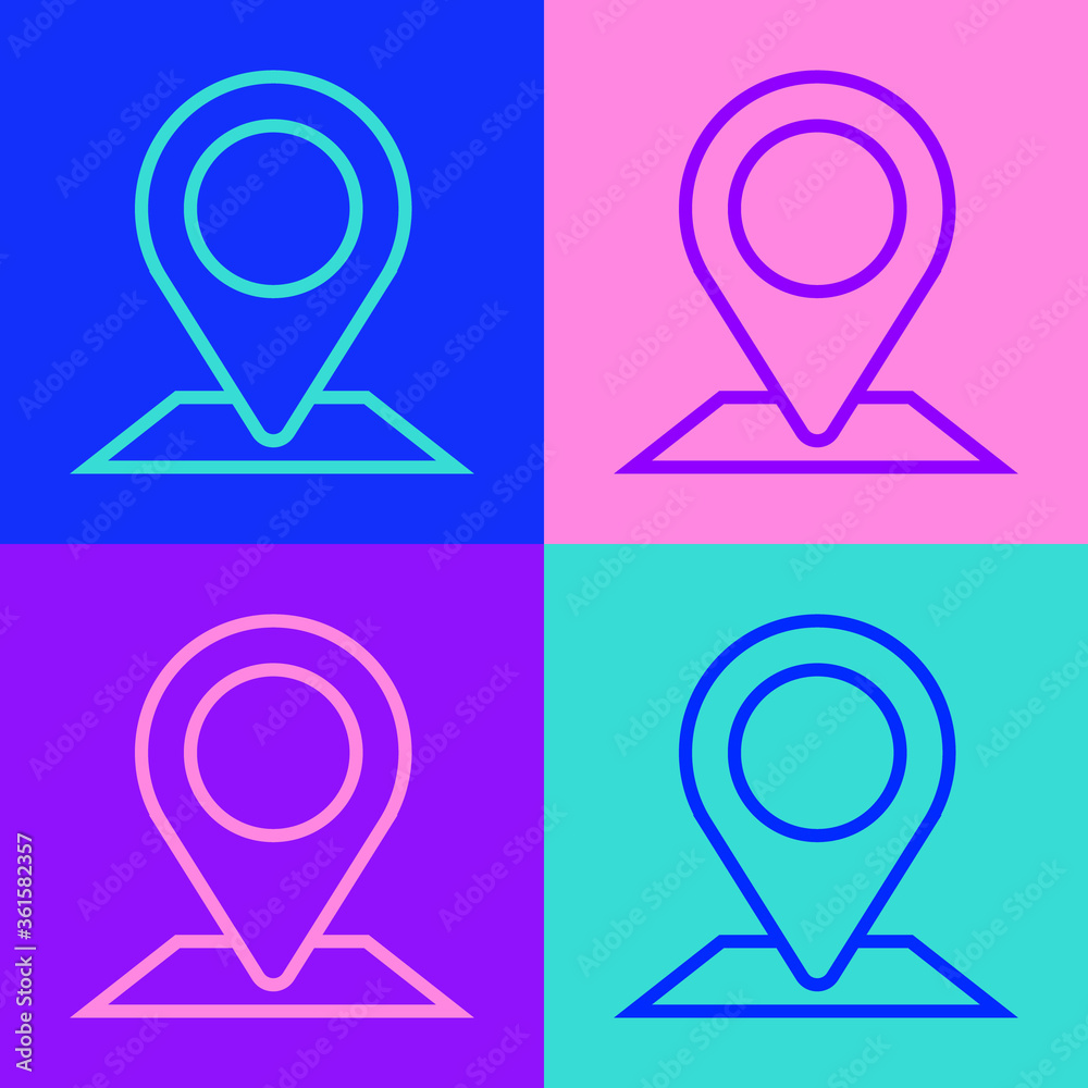 Pop art line Map pin icon isolated on color background. Navigation, pointer, location, map, gps, direction, place, compass, search concept Vector Illustration Pop art line Map pin icon isolated on color background. Navigation, pointer, location, map, gps, direction, place, compass, search concept Vector Illustration