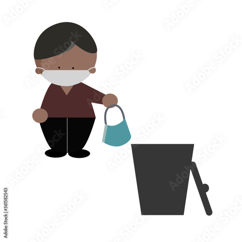 Man throw away single use protective face mask into garbage icon vector illustration. Infection control and pandemic concept.