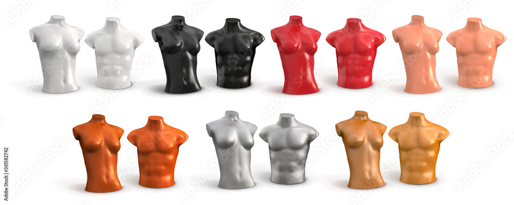 Mannequin of female and male torso plastic color. Human naked body, chest, bust. Vector 3d illustration isolated on white background. Part of the body. - obrazy, fototapety, plakaty 