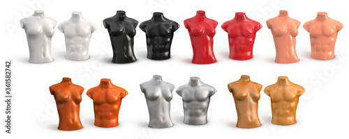 Mannequin of female and male torso plastic color. Human naked body, chest, bust. Vector 3d illustration isolated on white background. Part of the body.