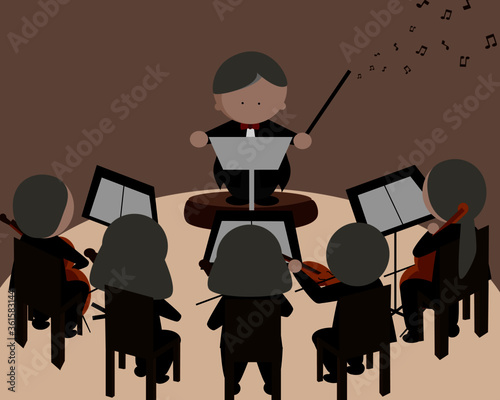 Music conductor in tuxedo suit and symphonic orchestra icon vector illustration.