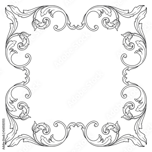 Vintage Ornament Element in baroque style with filigree and floral engrave the best situated for create frame, border, banner. It's hand drawn foliage swirl like victorian or damask design arabesque.