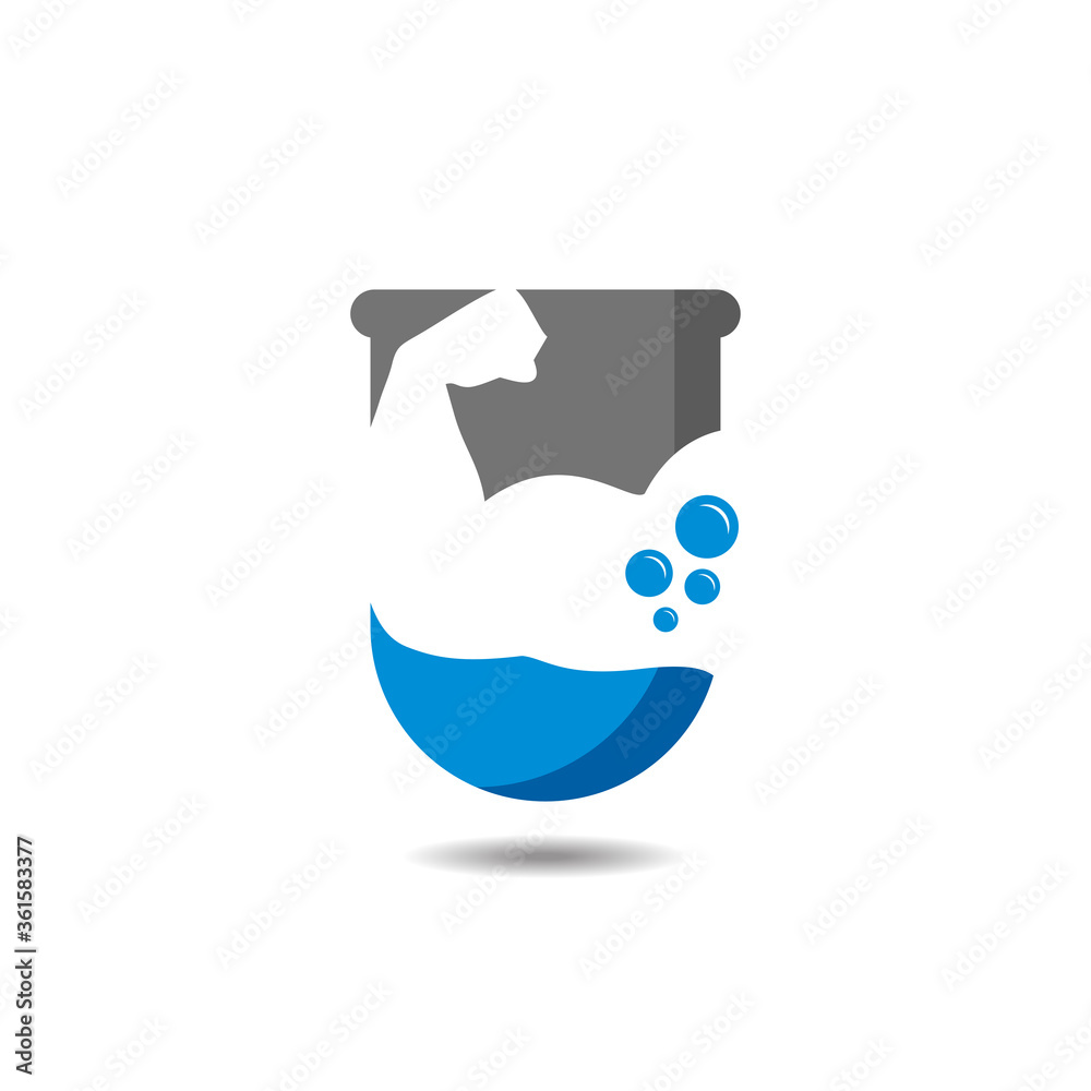 Fitness Lab Logo Design Icon with strong hand inside of laboratory glass jar design vector illustration