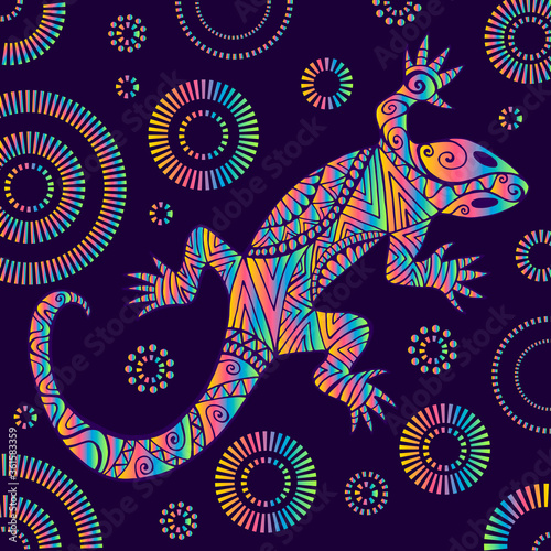 Psychedelic lizard with many ornaments, bright rainbow color gradient