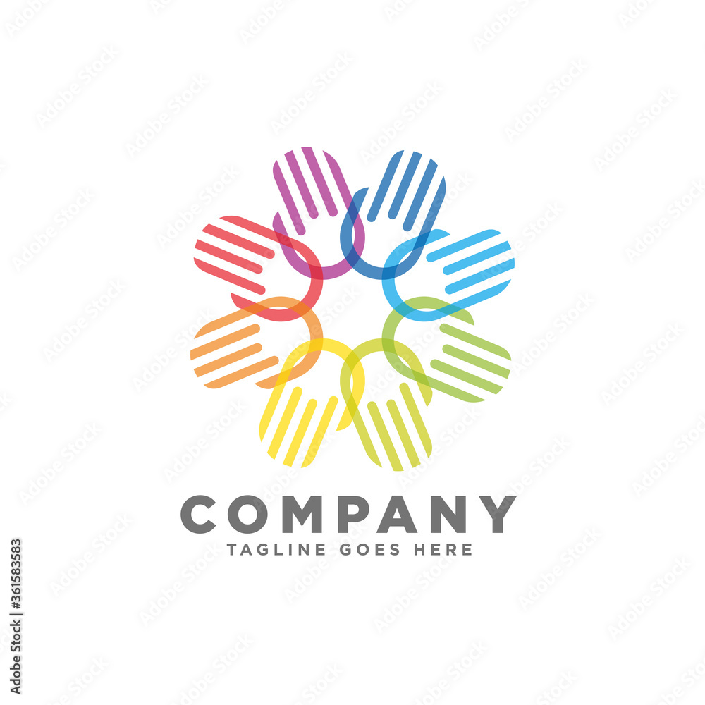 Fototapeta premium Hand community Logo icon, People care, community, creative hub, social connection, charity symbol design vector