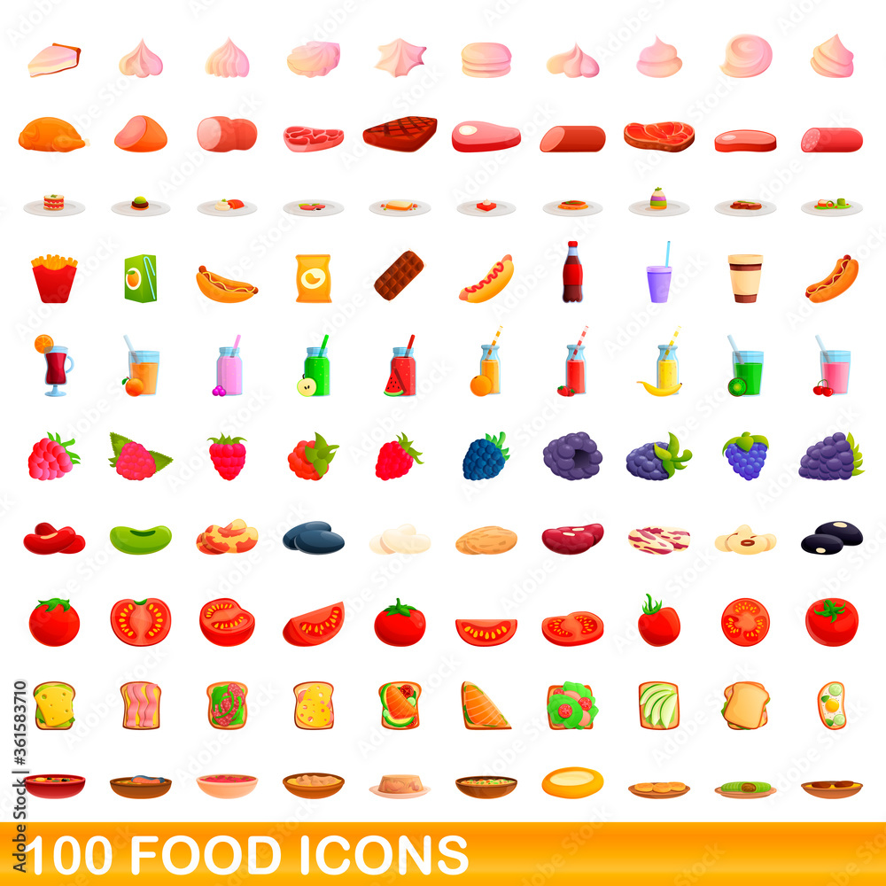 100 food icons set. Cartoon illustration of 100 food icons vector set isolated on white background