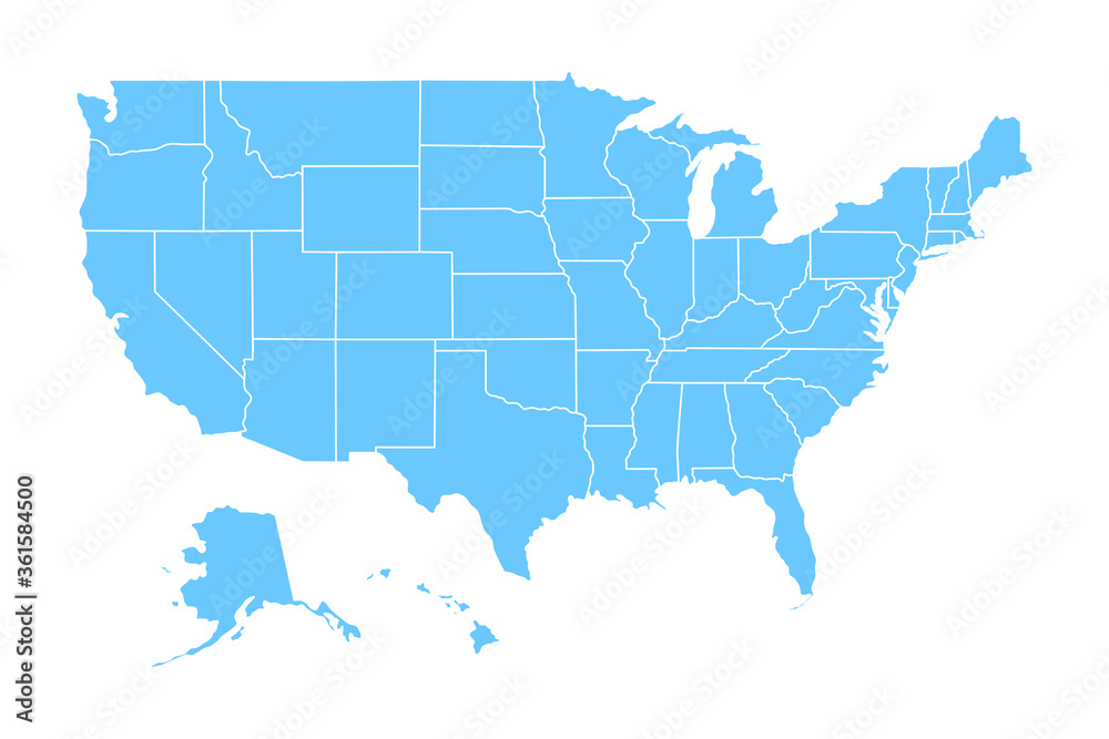 Blank map of United States of America divided into states. Simplified flat blue silhouette vector map on white background.