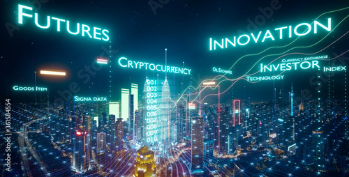 Smart city and financial font icon and business charts. Megapolis city economic and futuristic technology concept.