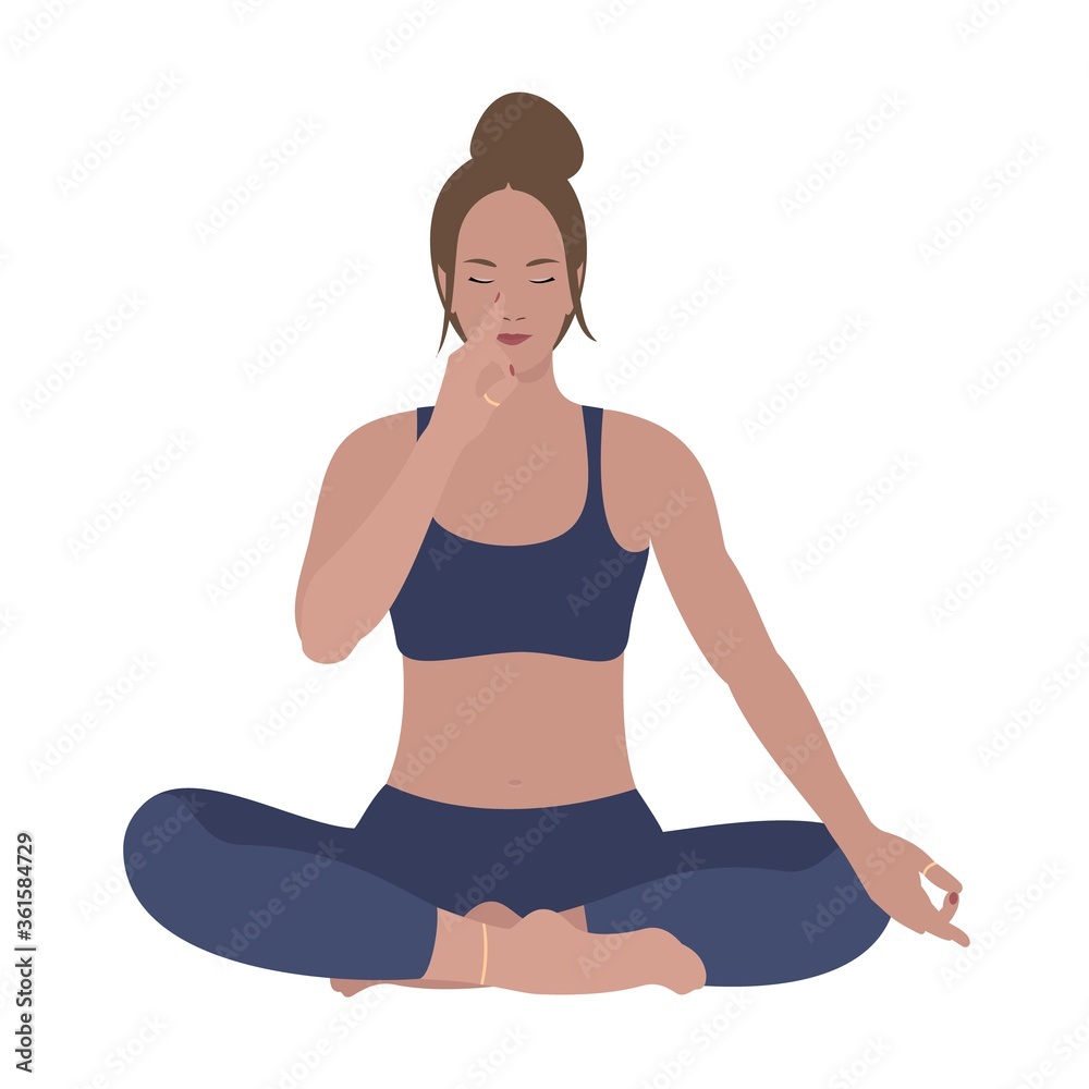 Young Woman Sitting in Lotus Position. Abdominal Breathing. Breath Awareness Exercise. Vector Flat Illustration.	