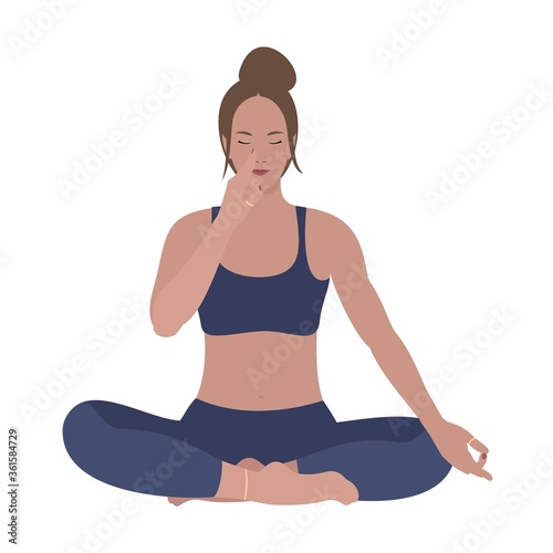 Young Woman Sitting in Lotus Position. Abdominal Breathing. Breath Awareness Exercise. Vector Flat Illustration.	