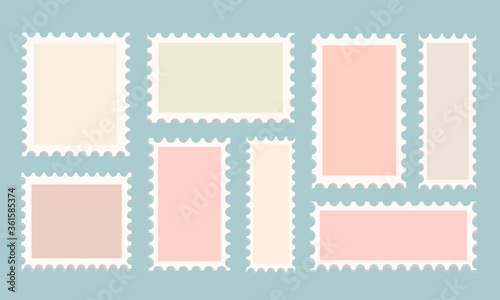 Vector set of postage stamp templates on isolated background. Lovely stamps for a korvert of different colors and shapes. Stock illustration of a perforated template for postcard and design.