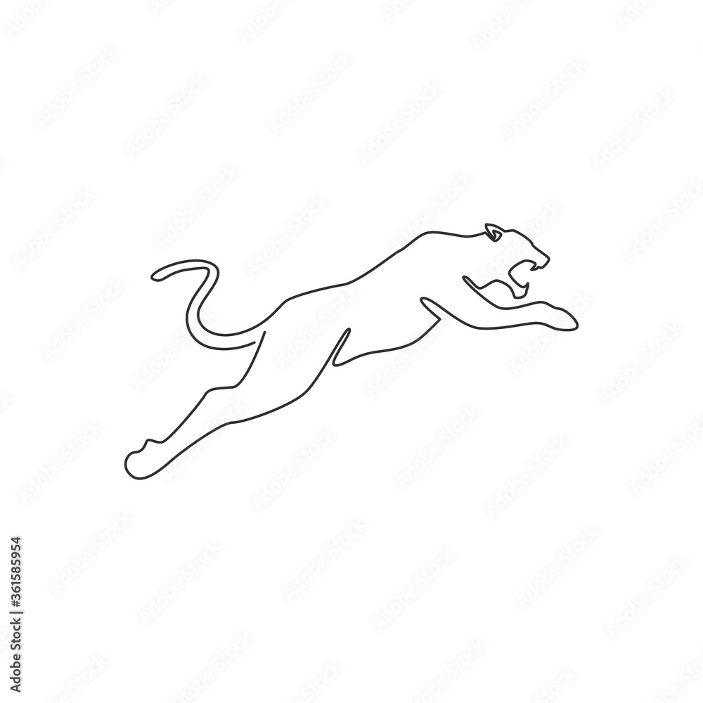 One continuous line drawing of wild leopard for multinational company logo identity. Strong cheetah mammal animal mascot concept for national safari zoo. Single line draw vector design illustration One continuous line drawing of wild leopard for multinational company logo identity. Strong cheetah mammal animal mascot concept for national safari zoo. Single line draw vector design illustration