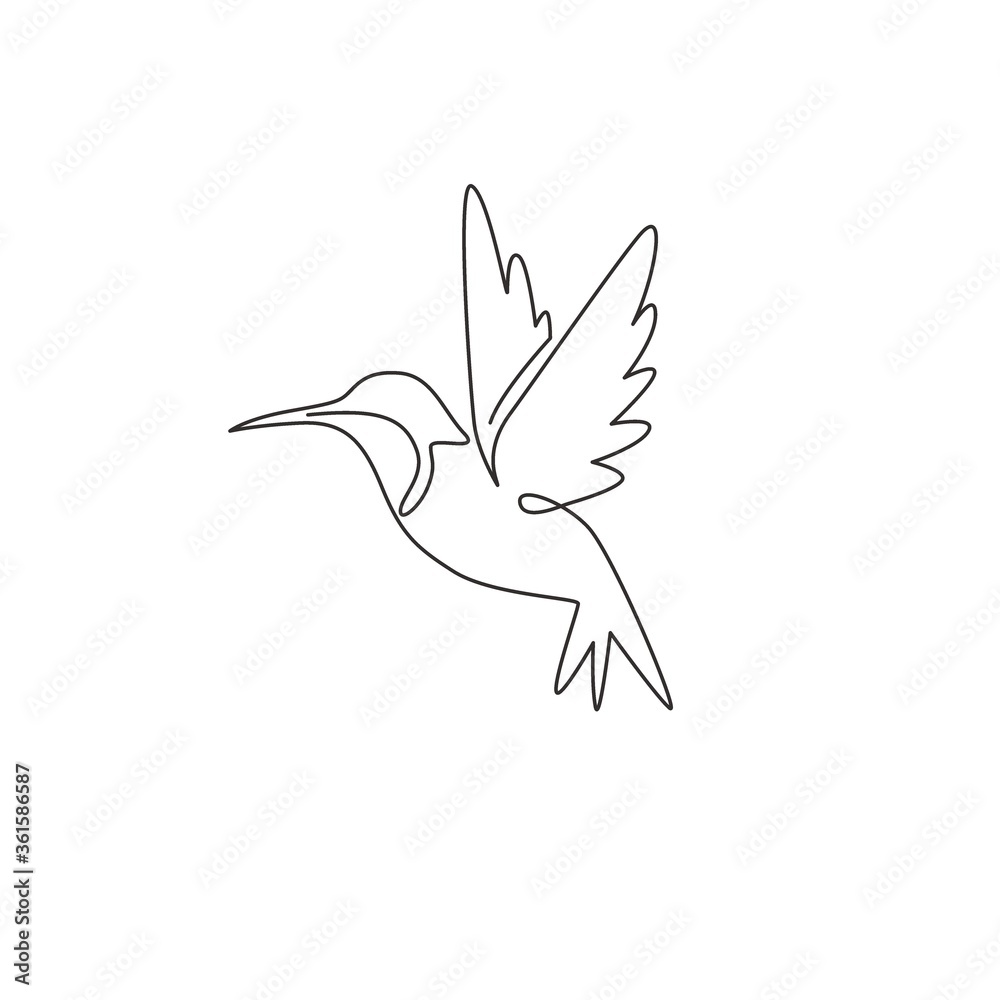 Fototapeta premium Single continuous line drawing of adorable hummingbird for company business logo identity. Tiny beauty bird mascot concept for conservation national park. One line vector draw design illustration