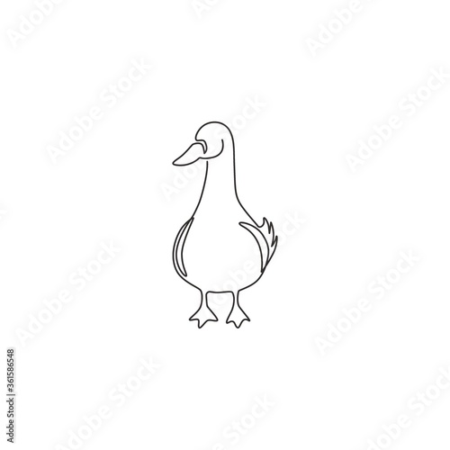 One single line drawing of cute funny white duck for company business logo identity. Little beauty swan mascot concept for public park. Modern continuous line draw graphic vector design illustration