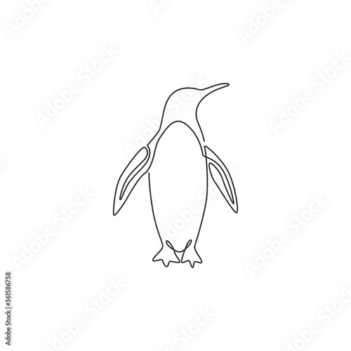 Single continuous line drawing of adorable penguin for company business logo identity. Arctic animal bird mascot concept for kids stationary product. One line draw design vector graphic illustration