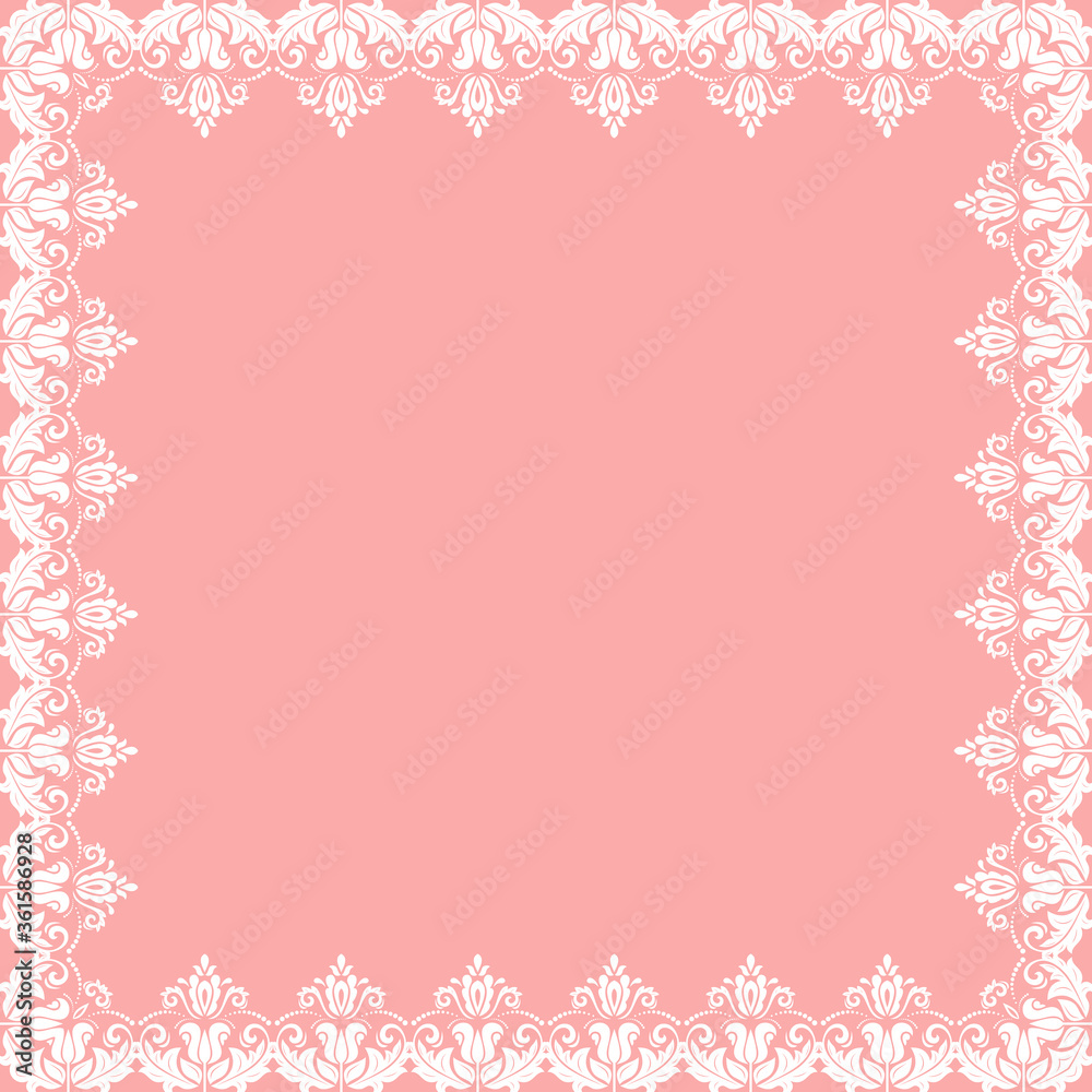 Classic vector square frame with arabesques and orient elements. Abstract pink and white ornament with place for text. Vintage pattern