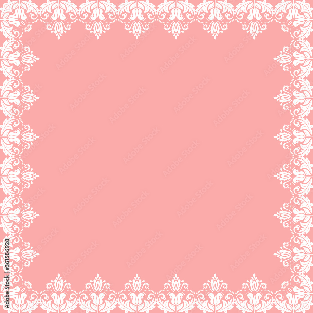 Classic vector square frame with arabesques and orient elements. Abstract pink and white ornament with place for text. Vintage pattern Classic vector square frame with arabesques and orient elements. Abstract pink and white ornament with place for text. Vintage pattern