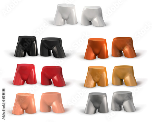 Female and male mannequin of plastic legs, hips, inguinal region. Naked standing mannequin. Stand, decor for the interior, shop windows. 3d realistic vector illustration.