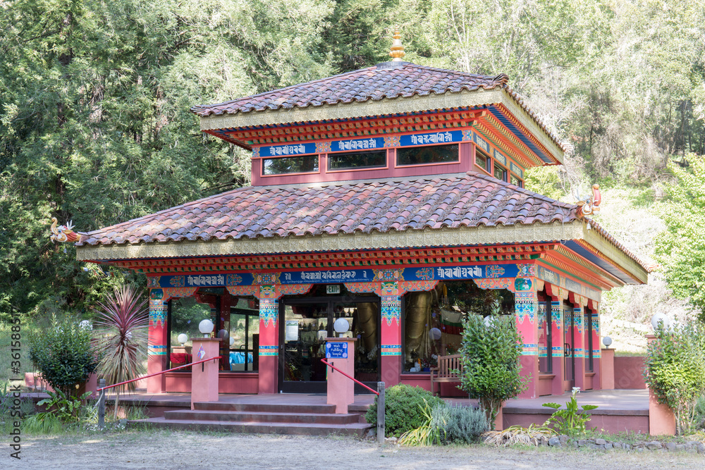 Land of Medicine Buddha Temple. Soquel, California.  The meaning of the Lantsa/Ranjana scripts are not literal but more symbolic about the mantras that give blessings when one walks under them.