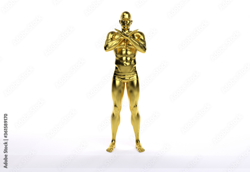 3D Render : an illustration of a male character model with gold texture