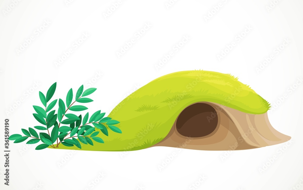 Obraz premium Lodge in the hills are covered with green grass vector drawing isolated on white background