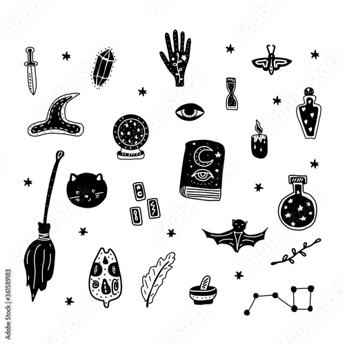 Big witch magic design elements collection. Cute hand drawn, doodle, sketch magician set. Witchcraft symbols potion, skull, crystal, eyes, Vector. For tattoo, textile, cards, Halloween decor