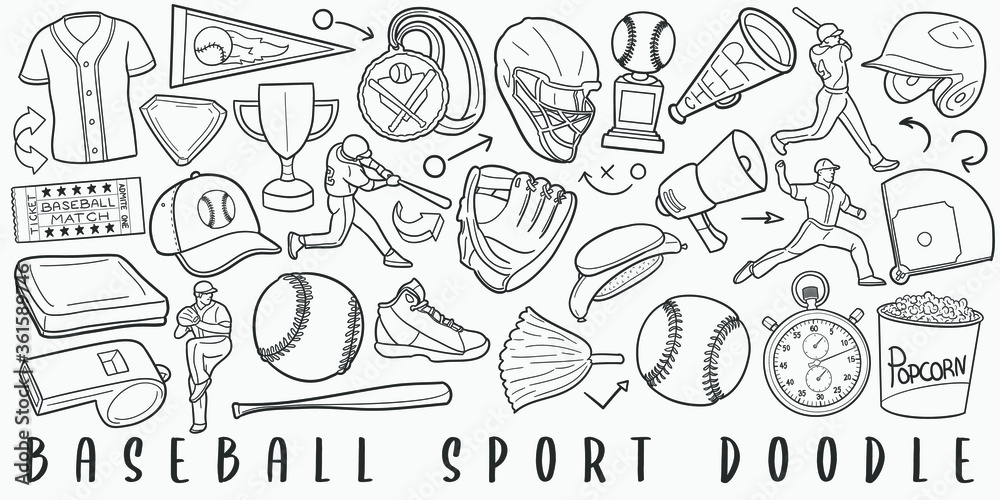 Baseball Sport Doodle Line Art Illustration. Hand Drawn Vector Clip Art. Banner Set Logos.