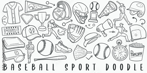 Baseball Sport Doodle Line Art Illustration. Hand Drawn Vector Clip Art. Banner Set Logos.