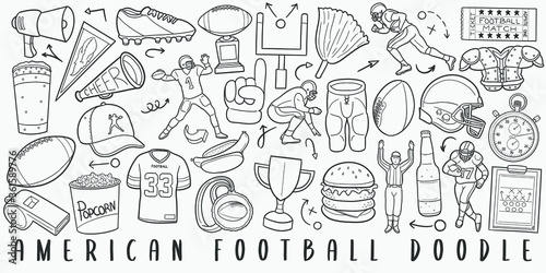 Football Sport Doodle Line Art Illustration. Hand Drawn Vector Clip Art. Banner Set Logos.