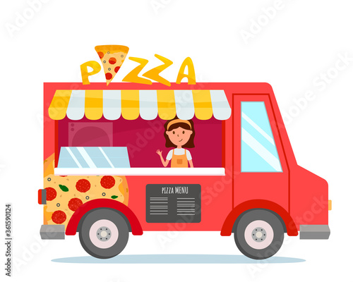 Bright food truck with pizza. Chef girl inside. Pizza menu and sign on top. Red car delivery. Food festival. Vector isolated.