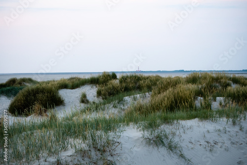 Fototapeta Naklejka Na Ścianę i Meble -  Dune landscape in St. Peter Ording with the lighthouse of Westerhever in the background