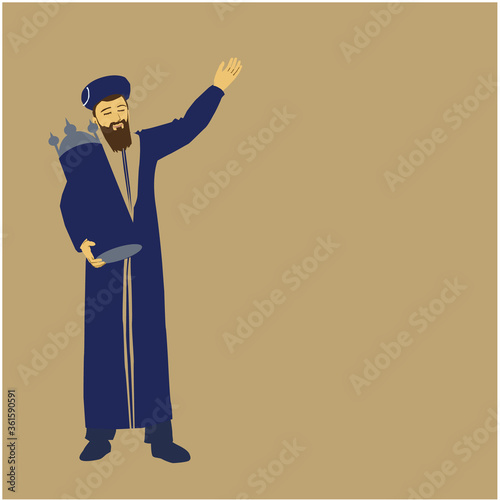 Vector drawing of a Jewish Sephardi chief rabbi. dressed In the blue rabbinical robe with gold decorations. And in the special round hat. Holds a Torah scroll in a wooden case with silver decoration
