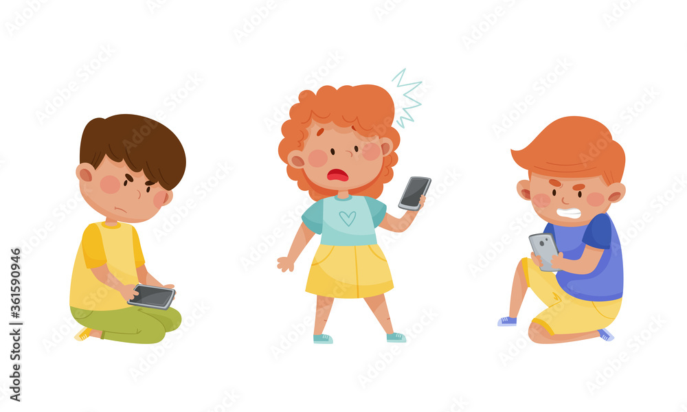Little Kids with Smartphones and Frustrating Expression on Their Faces Vector Illustrations Set Little Kids with Smartphones and Frustrating Expression on Their Faces Vector Illustrations Set