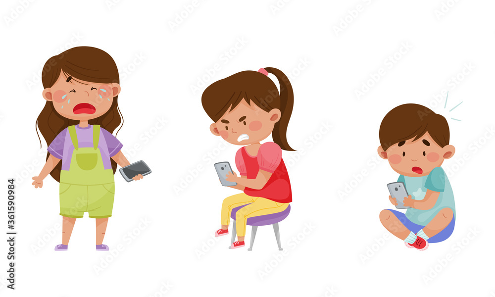 Little Kids with Smartphones and Frustrating Expression on Their Faces Vector Illustrations Set Little Kids with Smartphones and Frustrating Expression on Their Faces Vector Illustrations Set