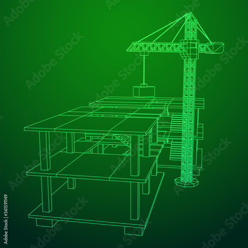 Building under construction with crane. Build house construct in process. Wireframe low poly mesh vector illustration
