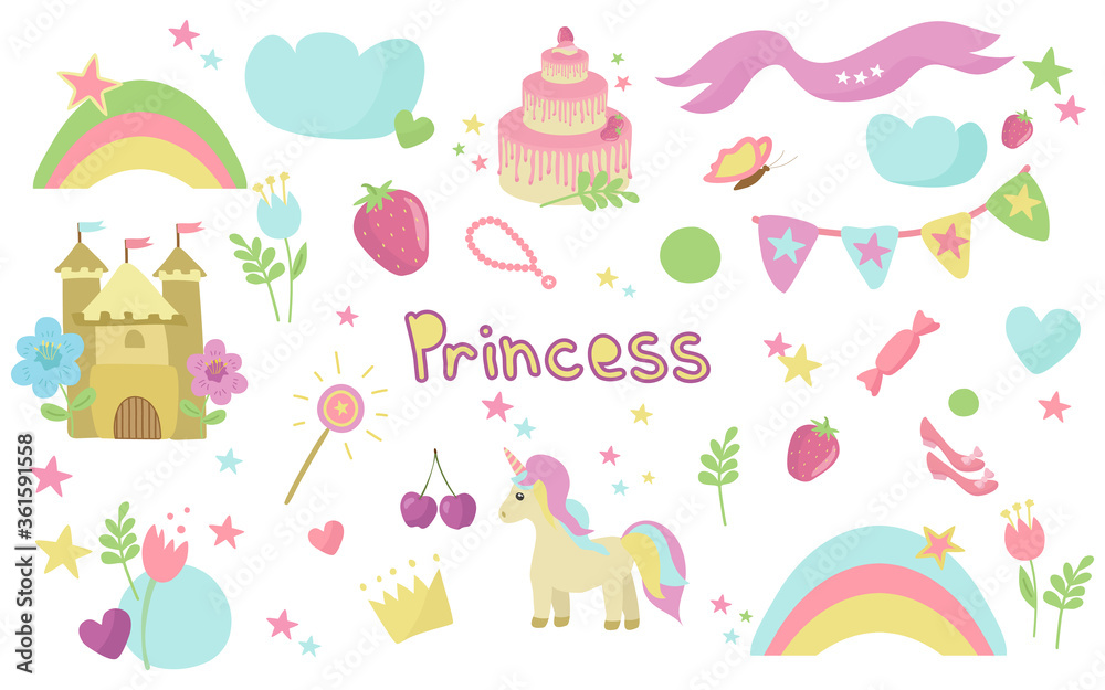 A delicate collection of Princess elements. Castle, rainbow, unicorn, shoes, magic wand, crown, cake. Vector. In the style of hand drawing. A delicate collection of Princess elements. Castle, rainbow, unicorn, shoes, magic wand, crown, cake. Vector. In the style of hand drawing.