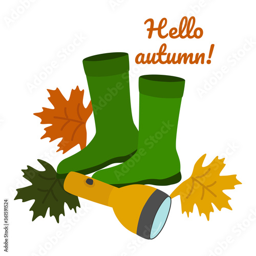 Hello autumn. Rubber boots, maple leaves, flashlight. Vector. In the style of hand drawing.