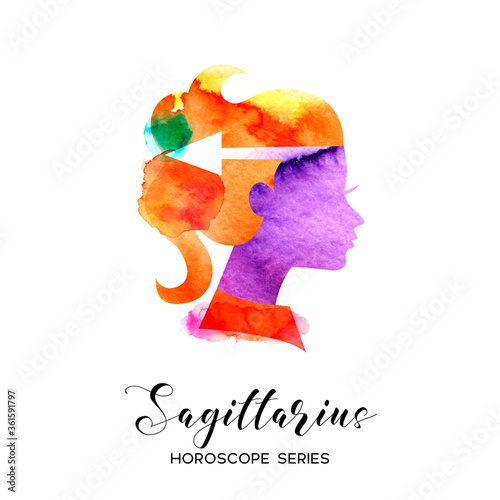 Sagittarius zodiac sign. Beautiful girl silhouette. Vector illustration. Horoscope series