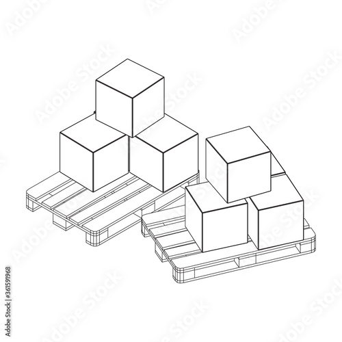Cargo pallet for warehouse with stacked goods cardboard boxes. Logistics shipping concept. Wireframe low poly mesh vector illustration.