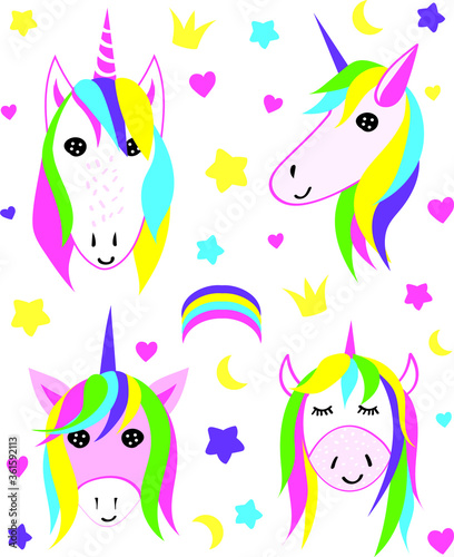 Set of four cartoon rainbow unicorns with stars and hearts. Cute colorful doodle pattern for baby greeting cards. Vector magic horses with fairy hairs.