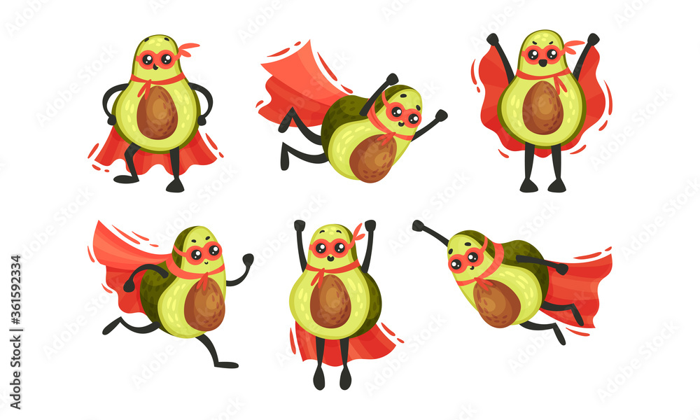 Funny Avocado Wearing Superhero Red Cloak and Mask Running Vector Illustration Funny Avocado Wearing Superhero Red Cloak and Mask Running Vector Illustration