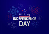 Fourth of July celebration in USA. Independence Day greeting banner with text and fireworks on blue background. - Vector