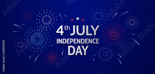 Independence Day greeting card. Fourth of July banner design with fireworks on blue background.  - Vector