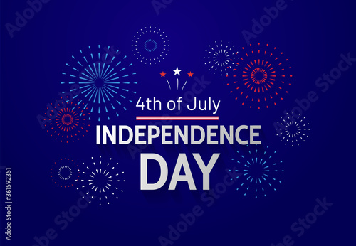 Fourth of July celebration in USA. Independence Day greeting banner with text and fireworks on blue background. - Vector
