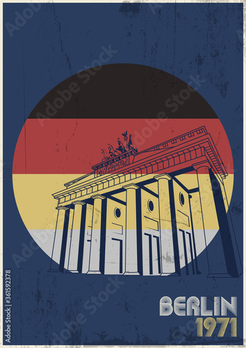 Berlin Touristic Illustration, Brandenburg Gate Drawing, Germany Flag Background, Grunge Texture Pattern 