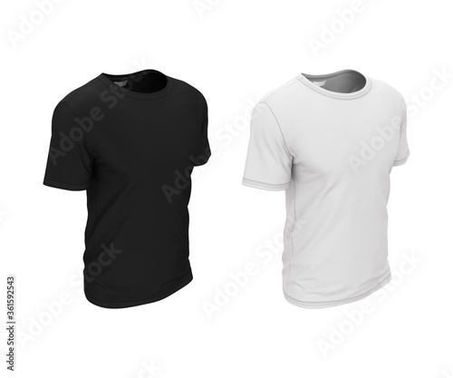 Men's simple blank clean t-shirt for design. Black and white 3d realistic illustration isolated on white background. Mock-up template for logo presentation, pattern, illustration.